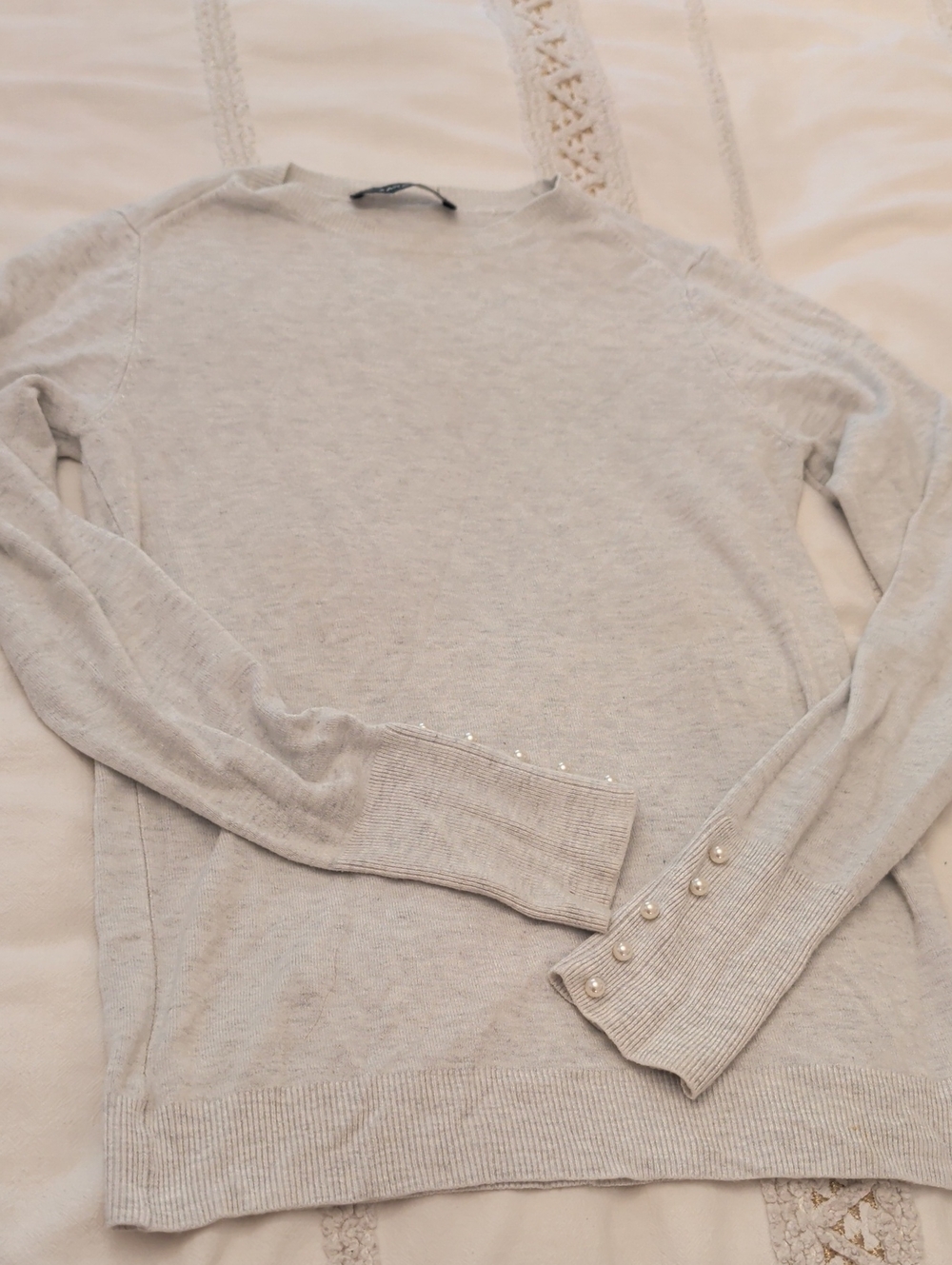 Zara Light Gray Crewneck Sweater with Pearl Cuff Buttons